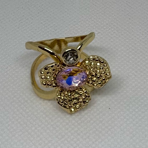Gold Tone Aurora Borealis Crystal Flower Scarf Slide Ring Brooch - Picture 10 of 15